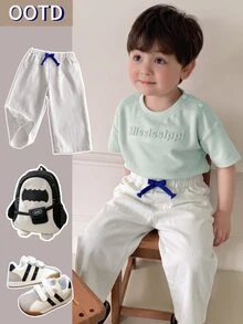 SHEIN Baby Boys White 100% Cotton Denim Long Pants, Fresh Minimalist Fashion Casual Versatile, Elastic Waist With Dark Blue Drawstring, Straight Leg Fit, Soft And Comfortable Denim Fabric, Suitable For Daily Wear, Can Be Paired With T-Shirts, Shirts Or Knitwear, Suitable For School Or Light Outdoor Scenes, Suitable For Spring And Summer Wear - White - View 4