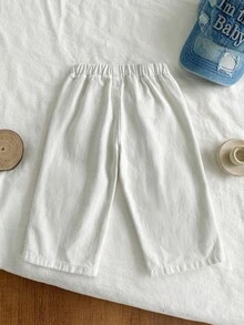 SHEIN Baby Boys White 100% Cotton Denim Long Pants, Fresh Minimalist Fashion Casual Versatile, Elastic Waist With Dark Blue Drawstring, Straight Leg Fit, Soft And Comfortable Denim Fabric, Suitable For Daily Wear, Can Be Paired With T-Shirts, Shirts Or Knitwear, Suitable For School Or Light Outdoor Scenes, Suitable For Spring And Summer Wear - White - View 2