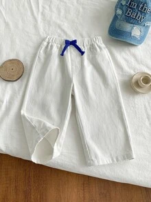 SHEIN Baby Boys White 100% Cotton Denim Long Pants, Fresh Minimalist Fashion Casual Versatile, Elastic Waist With Dark Blue Drawstring, Straight Leg Fit, Soft And Comfortable Denim Fabric, Suitable For Daily Wear, Can Be Paired With T-Shirts, Shirts Or Knitwear, Suitable For School Or Light Outdoor Scenes, Suitable For Spring And Summer Wear - White - View 3