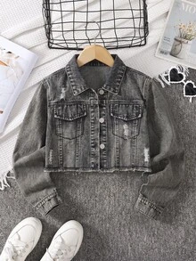 SHEIN 女童牛仔夾克外套 春/秋新款 時尚風格 復古牛仔灰 經典翻領做舊設計 休閒時尚 修身版型 柔軟舒適面料 百搭日常穿著 適合日常出遊、聚會、旅行等 春/秋新款女童短款牛仔夾克外套 - 灰色 - 查看 3