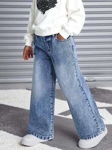 Girls' Casual Versatile Distressed Ripped Straight Leg Denim Jeans - Light Wash - View 4