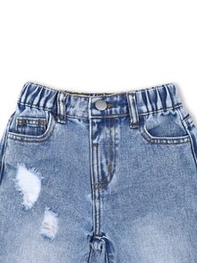 Girls' Casual Versatile Distressed Ripped Straight Leg Denim Jeans - Light Wash - View 6