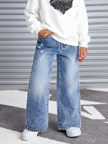 Girls' Casual Versatile Distressed Ripped Straight Leg Denim Jeans - Light Wash - View 5