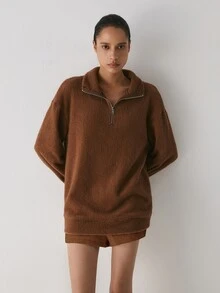 YARNWELL 女款素色立領拉鍊休閒百搭日常穿著運動衫 - 咖啡棕 - 查看 6