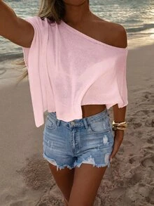 SHEIN Swim 淡粉色一件式優雅熱帶性感休閒風女款泳衣上衣 度假海灘夏季 - 粉色 - 查看 7