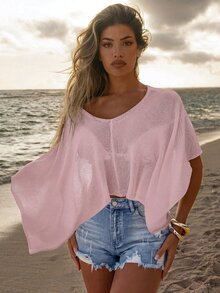 SHEIN Swim 淡粉色一件式優雅熱帶性感休閒風女款泳衣上衣 度假海灘夏季 - 粉色 - 查看 8