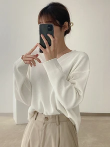 DAZY 落肩罗纹针织毛衣、长袖上衣、秋装 - 白色 - 查看 5