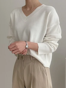 DAZY 落肩罗纹针织毛衣、长袖上衣、秋装 - 白色 - 查看 7