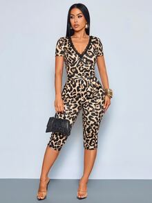 SOLERSUN Women's Vintage Leopard Lace Trim V-Neck Capri Jumpsuit With Belt,Lace Patchwork Slim Fit Jumpsuit - Brown - View 3