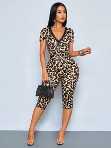 SOLERSUN Women's Vintage Leopard Lace Trim V-Neck Capri Jumpsuit With Belt,Lace Patchwork Slim Fit Jumpsuit - Brown - View 4