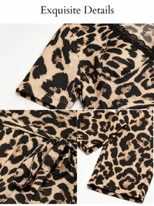 SOLERSUN Women's Vintage Leopard Lace Trim V-Neck Capri Jumpsuit With Belt,Lace Patchwork Slim Fit Jumpsuit - Brown - View 8