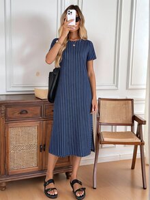 SHEIN LUNE 女款極簡日常條紋圓領短袖側開衩洋裝 - 彩色 - 查看 6