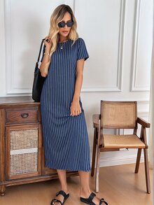 SHEIN LUNE 女款極簡日常條紋圓領短袖側開衩洋裝 - 彩色 - 查看 5