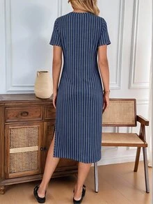 SHEIN LUNE 女款極簡日常條紋圓領短袖側開衩洋裝 - 彩色 - 查看 3