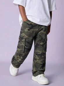 SHEIN Kids Tween Boy Fashion Cool Camouflage-Patterned Loose-Pocket Design Jeans Halloween And Black To School - Army Green - View 3