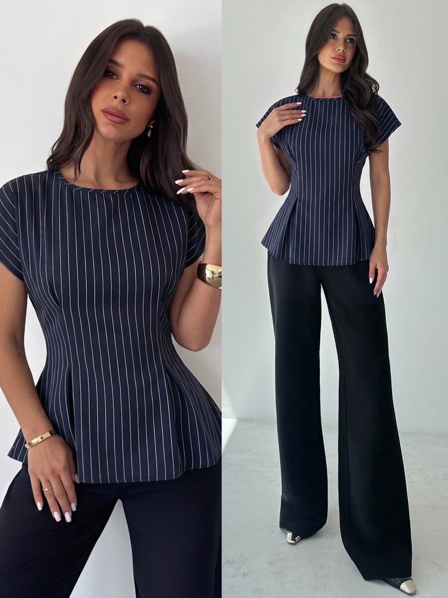 Firerie 女款優雅條紋夏季辦公襯衫，極簡風通勤度假復古圓領短袖收腰百褶X型設計條紋面料