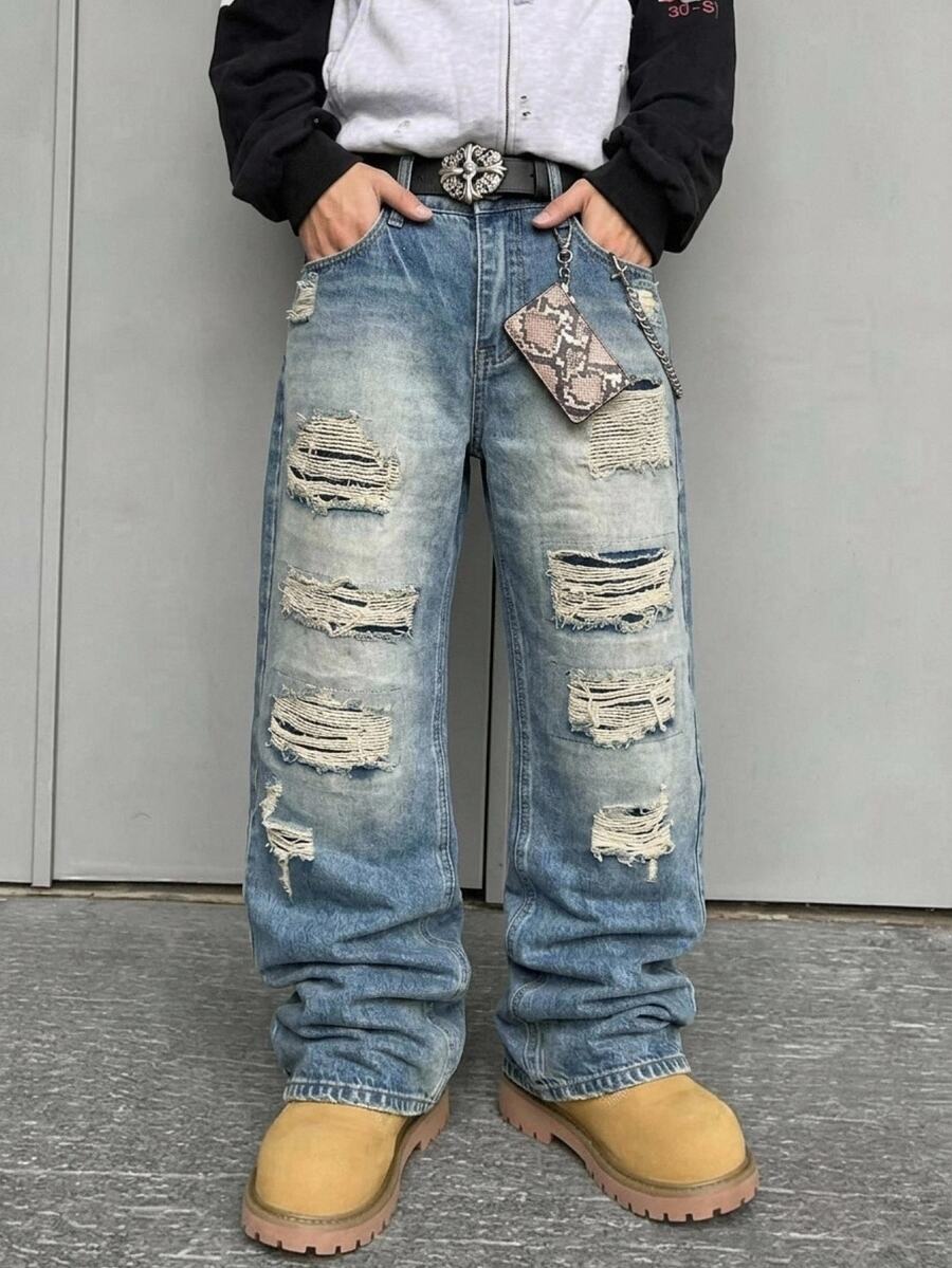 STEELVANCE 男士休閒水洗做舊直筒牛仔褲 - 淺色水洗藍 - 查看 1