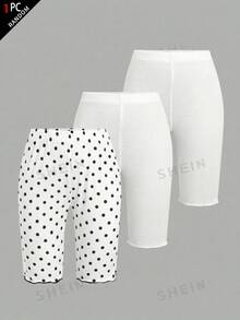 SHEIN Tween女孩波點休閒百搭日常穿著緊身內搭褲 - 白色 - 查看 7
