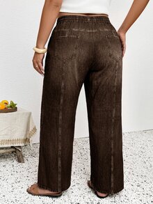 Lounesse Plus Size Women's Drawstring Waist Casual Versatile Daily Wear Long Pants Fall - Brown - View 3