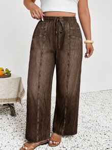 Lounesse Plus Size Women's Drawstring Waist Casual Versatile Daily Wear Long Pants Fall - Brown - View 4