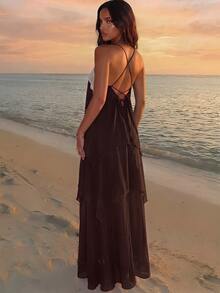 Firerie Women's Vacation Contrast Lace Spaghetti Strap Dress,Festival,Prom - Coffee Brown - View 4