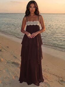 Firerie Women's Vacation Contrast Lace Spaghetti Strap Dress,Festival,Prom - Coffee Brown - View 5