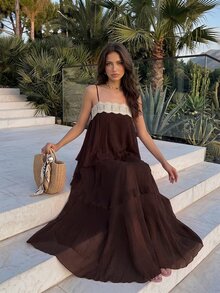 Firerie Women's Vacation Contrast Lace Spaghetti Strap Dress,Festival,Prom - Coffee Brown - View 3