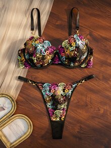 Divavoom Plus Size Women's Embroidered Print Bra + Triangle Panty 2-Piece Set - Multicolor - View 5