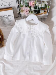 SHEIN 女童可愛休閒百搭學院風白色長袖彼得潘領襯衫 荷葉邊上衣 小女孩返校穿搭白襯衫 - 白色 - 查看 5