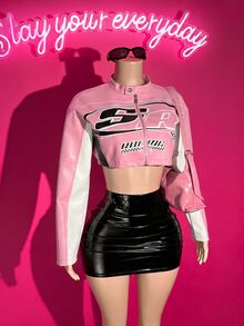 Slaydiva Women's Letter Print Long Sleeve Zipper Front Cropped Jacket - Pink - View 5