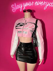 Slaydiva Women's Letter Print Long Sleeve Zipper Front Cropped Jacket - Pink - View 4