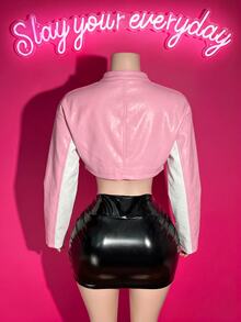 Slaydiva Women's Letter Print Long Sleeve Zipper Front Cropped Jacket - Pink - View 2