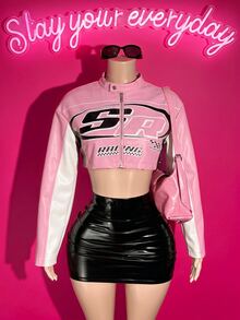 Slaydiva Women's Letter Print Long Sleeve Zipper Front Cropped Jacket - Pink - View 6