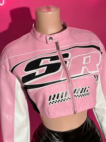 Slaydiva Women's Letter Print Long Sleeve Zipper Front Cropped Jacket - Pink - View 3