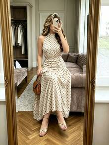 Easura Plus Size Women's Spring/Summer Halter Neck Cinched Waist A-Line Polka Dot Print Elegant Dress - Multicolor - View 7