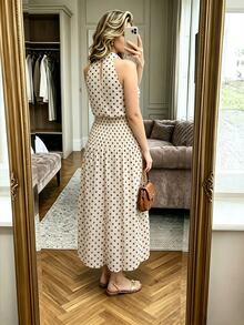 Easura Plus Size Women's Spring/Summer Halter Neck Cinched Waist A-Line Polka Dot Print Elegant Dress - Multicolor - View 2