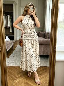 Easura Plus Size Women's Spring/Summer Halter Neck Cinched Waist A-Line Polka Dot Print Elegant Dress - Multicolor - View 5