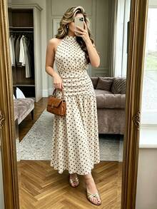 Easura Plus Size Women's Spring/Summer Halter Neck Cinched Waist A-Line Polka Dot Print Elegant Dress - Multicolor - View 4