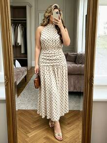 Easura Plus Size Women's Spring/Summer Halter Neck Cinched Waist A-Line Polka Dot Print Elegant Dress - Multicolor - View 1