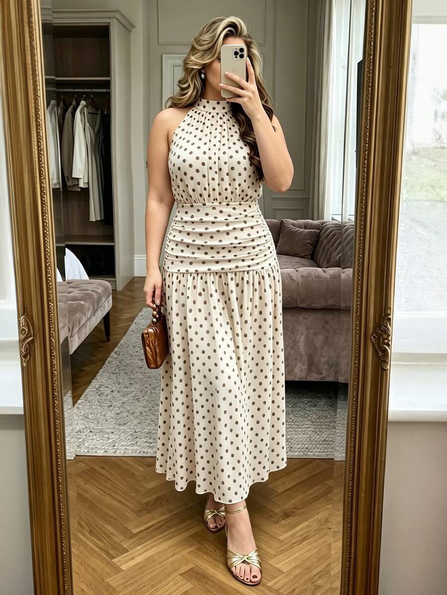 Easura Plus Size Women's Spring/Summer Halter Neck Cinched Waist A-Line Polka Dot Print Elegant Dress - Multicolor - View 1