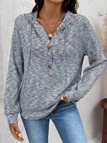 SHEIN LUNE 女式连帽运动衫，采用花卉巴里纱华夫格针织和纽扣前襟设计，适合秋冬四季 - 彩色 - 查看 4