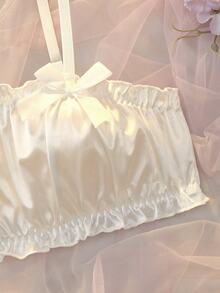 DelicateAllure White Satin Frill Trim No Padding Minimalist Cute Women's Bra - White - View 3