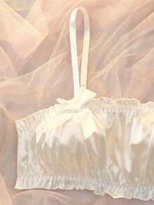 DelicateAllure White Satin Frill Trim No Padding Minimalist Cute Women's Bra - White - View 4