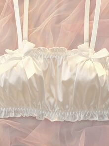 DelicateAllure White Satin Frill Trim No Padding Minimalist Cute Women's Bra - White - View 5