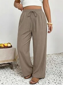 SHEIN Frenchy Celana Panjang Longgar Musim Panas Wanita Ukuran Besar dengan Kantong untuk Liburan Pantai Warna Cokelat Musim Gugur - Khaki - View 4