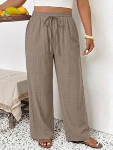 SHEIN Frenchy Celana Panjang Longgar Musim Panas Wanita Ukuran Besar dengan Kantong untuk Liburan Pantai Warna Cokelat Musim Gugur - Khaki - View 3