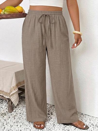 SHEIN Frenchy Plus Size Women's Summer Loose Pants With Pockets Vacation Beach Brown Fall