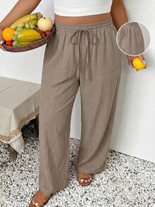 SHEIN Frenchy Celana Panjang Longgar Musim Panas Wanita Ukuran Besar dengan Kantong untuk Liburan Pantai Warna Cokelat Musim Gugur - Khaki - View 1