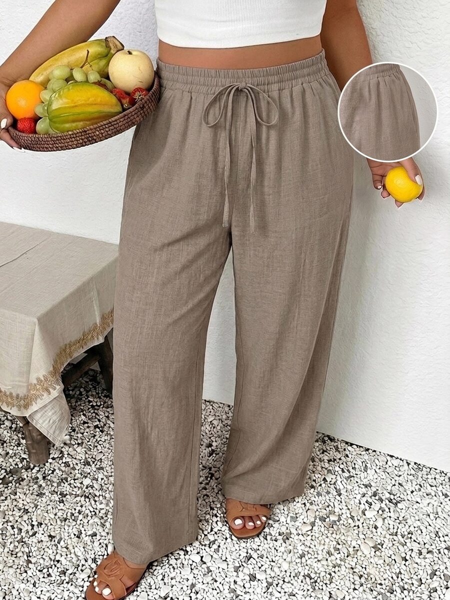 SHEIN Frenchy Celana Panjang Longgar Musim Panas Wanita Ukuran Besar dengan Kantong untuk Liburan Pantai Warna Cokelat Musim Gugur - Khaki - View 1