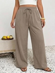 SHEIN Frenchy Celana Panjang Longgar Musim Panas Wanita Ukuran Besar dengan Kantong untuk Liburan Pantai Warna Cokelat Musim Gugur - Khaki - View 6